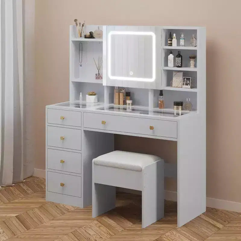 White Linen Particle Board with Triamine Tempered Glass Table Top Vanity Table Set