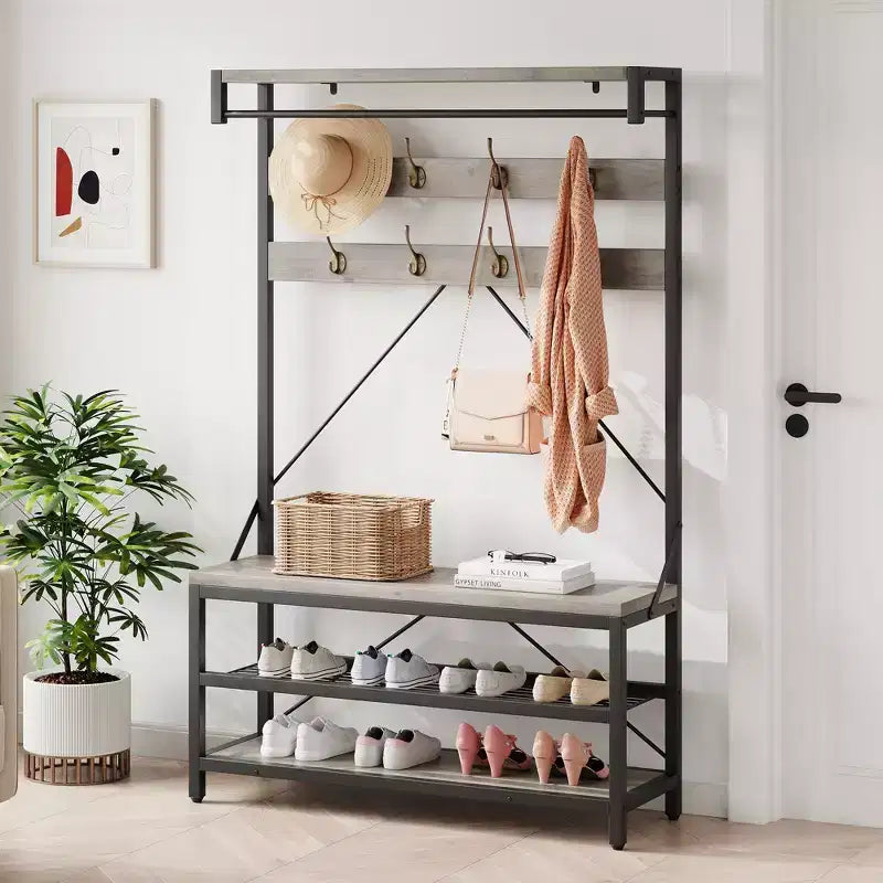 Coat Rack Shoe Bench, Industrial Hall Tree Storage Bench, Wood Look Accent Large Shoe Rack with Storage Shelf Hanging Bar, 8 Hooks, Rustic Brown