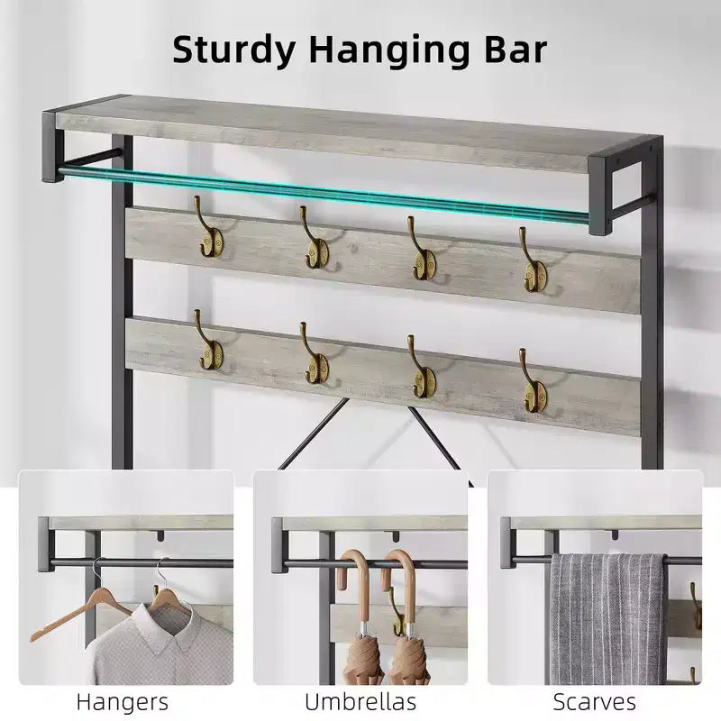 Coat Rack Shoe Bench, Industrial Hall Tree Storage Bench, Wood Look Accent Large Shoe Rack with Storage Shelf Hanging Bar, 8 Hooks, Rustic Brown