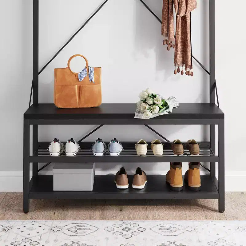Coat Rack Shoe Bench, Industrial Hall Tree Storage Bench, Wood Look Accent Large Shoe Rack with Storage Shelf Hanging Bar, 8 Hooks, Rustic Brown