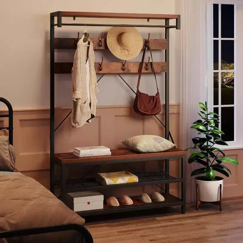 Coat Rack Shoe Bench, Industrial Hall Tree Storage Bench, Wood Look Accent Large Shoe Rack with Storage Shelf Hanging Bar, 8 Hooks, Rustic Brown