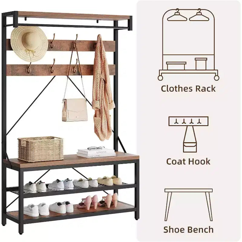 Coat Rack Shoe Bench, Industrial Hall Tree Storage Bench, Wood Look Accent Large Shoe Rack with Storage Shelf Hanging Bar, 8 Hooks, Rustic Brown