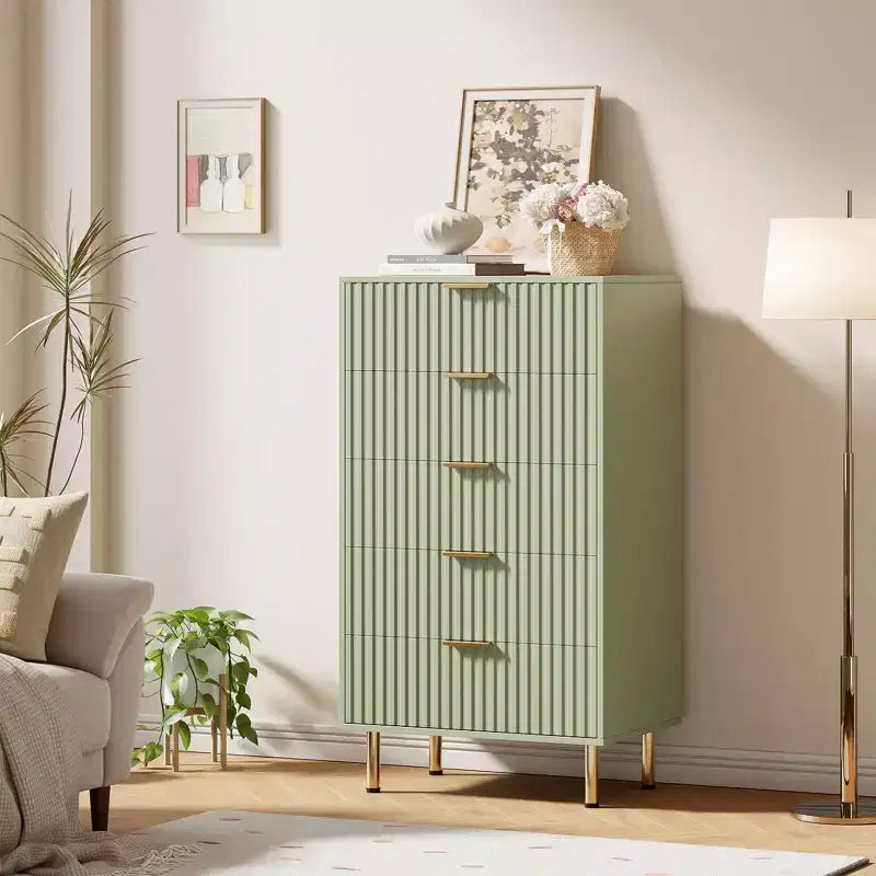 Modern Wooden 48 Tall Fluted 5 Drawer Dresser with Deep Drawers and Wide Top for Bedroom, Living Room, Hallway, Kids Room