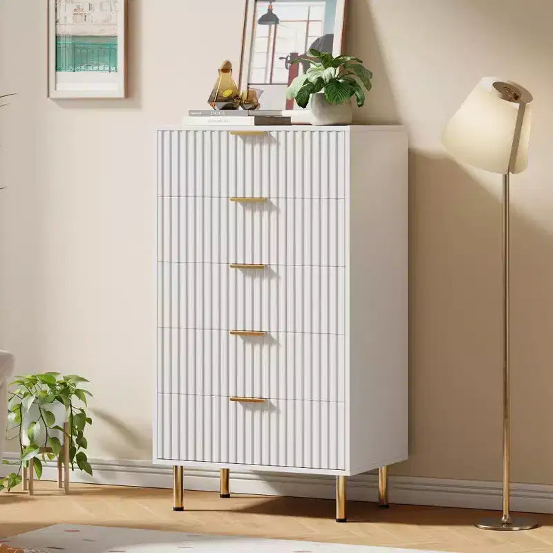 Modern Wooden 48 Tall Fluted 5 Drawer Dresser with Deep Drawers and Wide Top for Bedroom, Living Room, Hallway, Kids Room