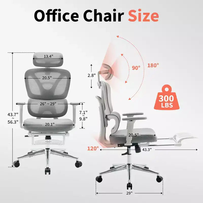 Ergonomic Mesh Office Chair High Back, Adjustable Lumbar Support, Padded Headrest & Footrest, Wide Breathable Seat, Swivel Computer Desk Chair