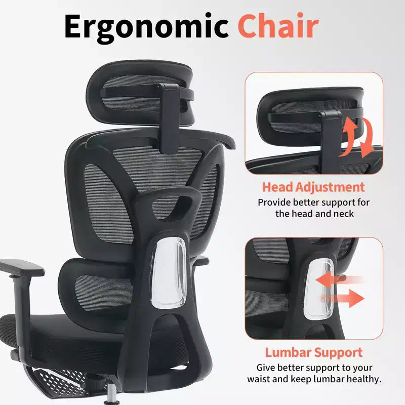Ergonomic Mesh Office Chair High Back, Adjustable Lumbar Support, Padded Headrest & Footrest, Wide Breathable Seat, Swivel Computer Desk Chair