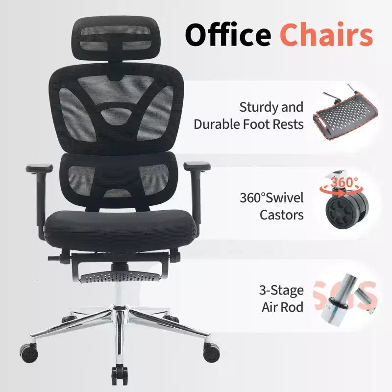 Ergonomic Mesh Office Chair High Back, Adjustable Lumbar Support, Padded Headrest & Footrest, Wide Breathable Seat, Swivel Computer Desk Chair
