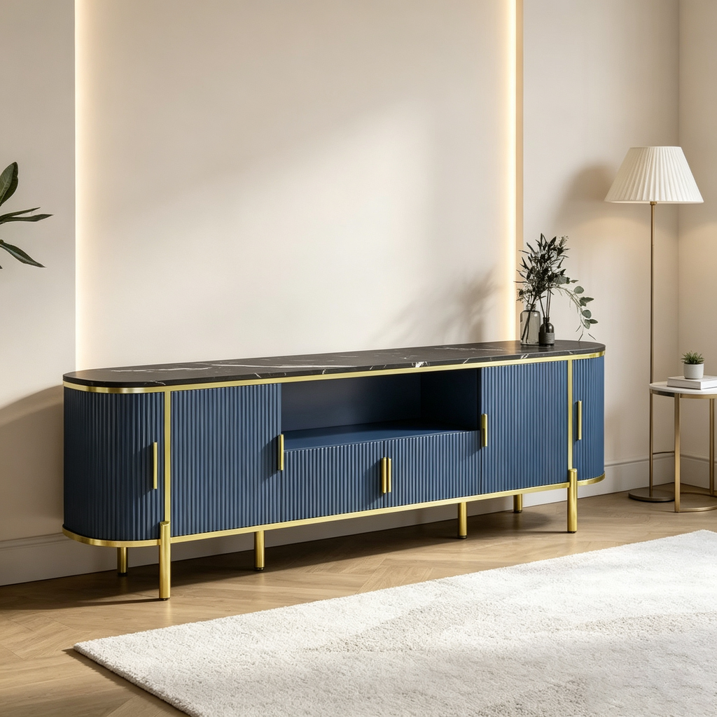 Meuble TV cannelé console média avec plateau en faux marbre et portes coulissantes